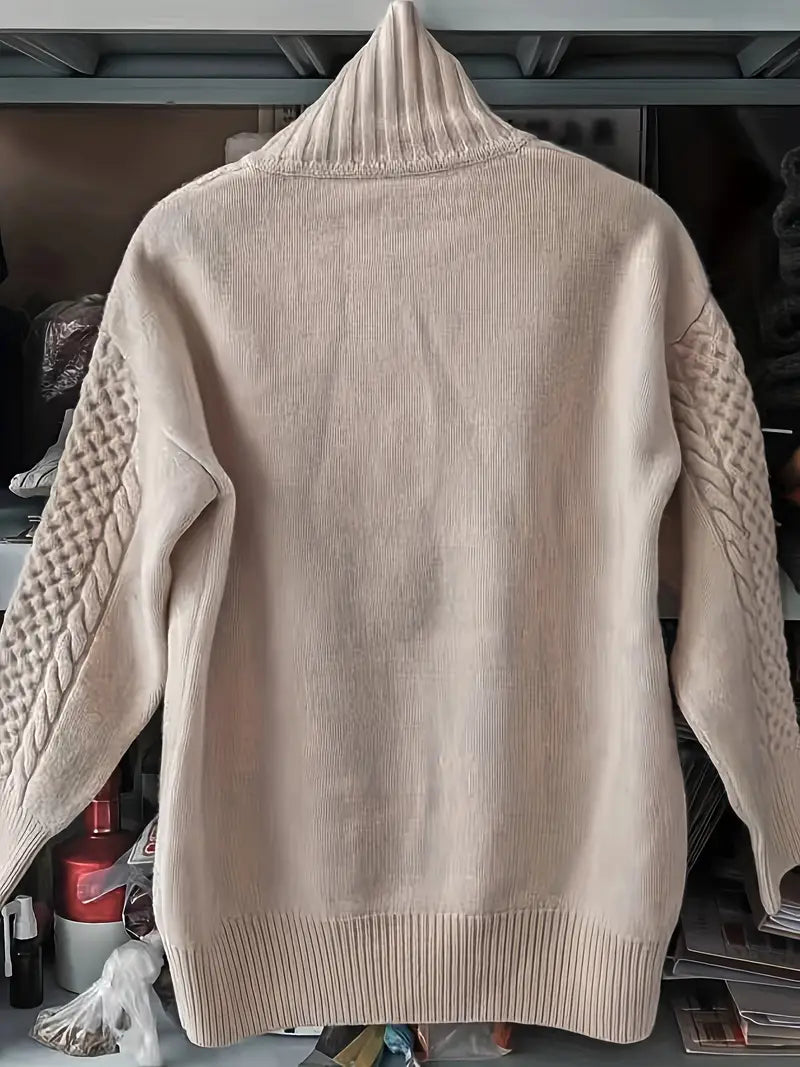Solid Color Zip-up Aran Cardigan, Casual Long Sleeve Drop Shoulder Cardigan For Fall & Winter, Women's Clothing