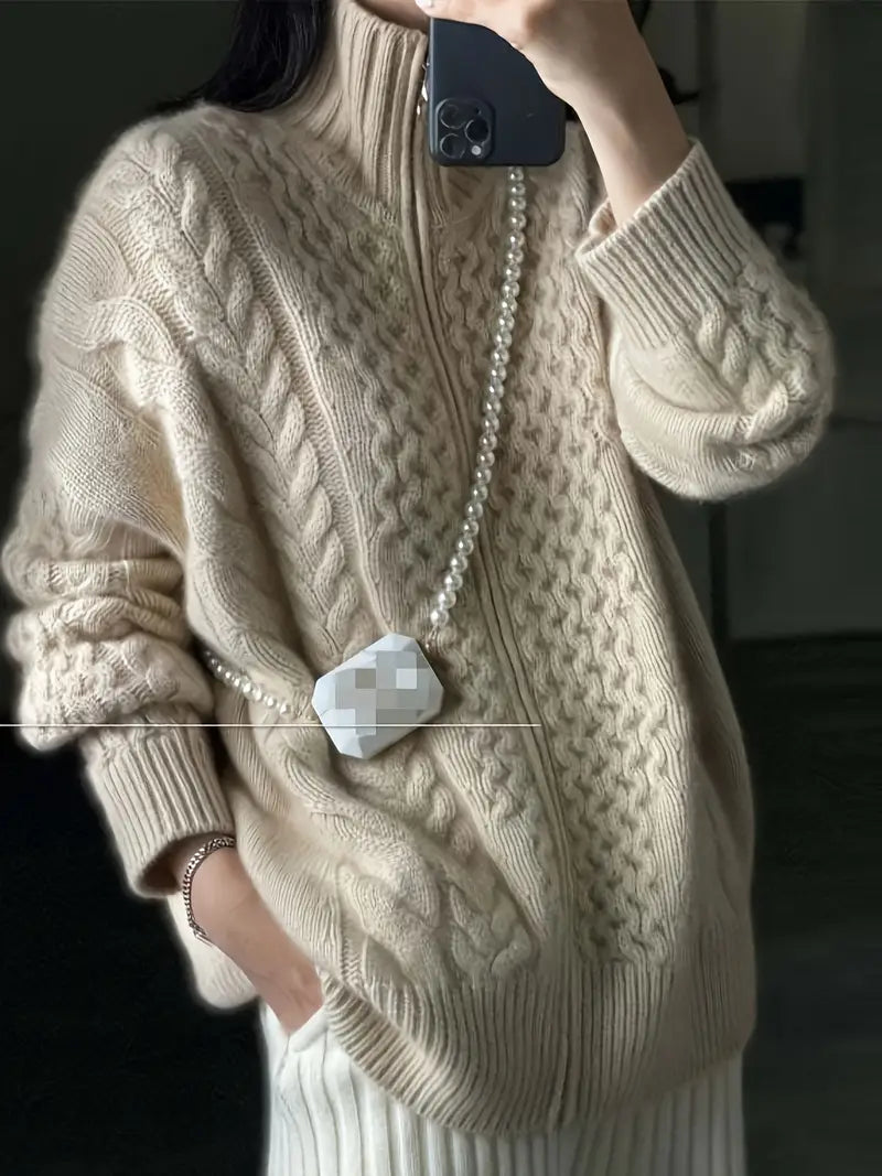 Solid Color Zip-up Aran Cardigan, Casual Long Sleeve Drop Shoulder Cardigan For Fall & Winter, Women's Clothing