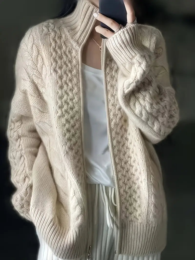 Solid Color Zip-up Aran Cardigan, Casual Long Sleeve Drop Shoulder Cardigan For Fall & Winter, Women's Clothing