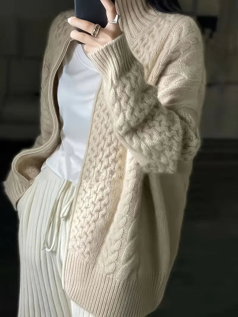 Solid Color Zip-up Aran Cardigan, Casual Long Sleeve Drop Shoulder Cardigan For Fall & Winter, Women's Clothing