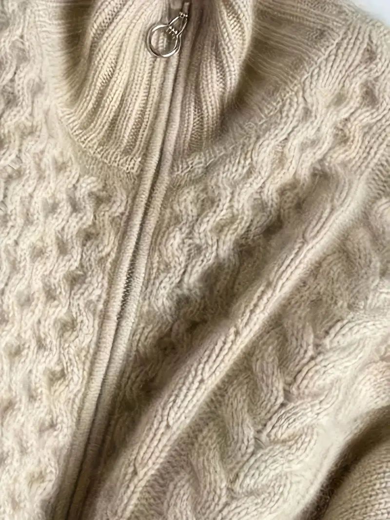 Solid Color Zip-up Aran Cardigan, Casual Long Sleeve Drop Shoulder Cardigan For Fall & Winter, Women's Clothing