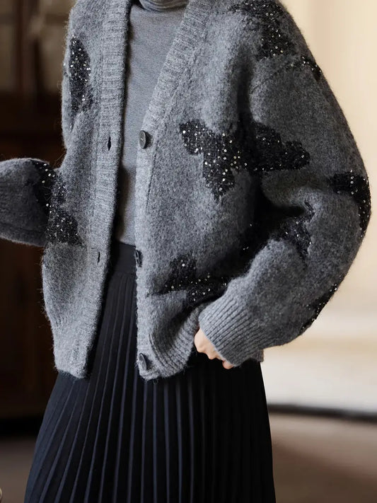 A New Winter Short Knitted Cardigan Featuring an Elegant Elegant Style with Sequins, Perfect for a Refined And Fashionable Casual Look for Women.