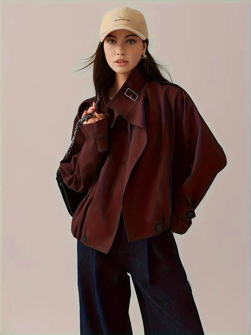 [Elegant Jacket] Elegant Beige Women's Short Jacket | Non-Stretch Fabric, Long Sleeves, Regular Fit, Spring/Fall Style, Casual Outerwear - Minimalist Jacket, Structured Shoulders, Casual Jacket