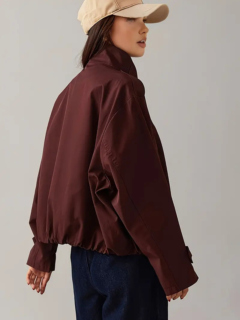 [Elegant Jacket] Elegant Beige Women's Short Jacket | Non-Stretch Fabric, Long Sleeves, Regular Fit, Spring/Fall Style, Casual Outerwear - Minimalist Jacket, Structured Shoulders, Casual Jacket