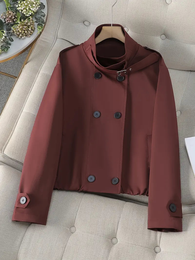 [Elegant Jacket] Elegant Beige Women's Short Jacket | Non-Stretch Fabric, Long Sleeves, Regular Fit, Spring/Fall Style, Casual Outerwear - Minimalist Jacket, Structured Shoulders, Casual Jacket