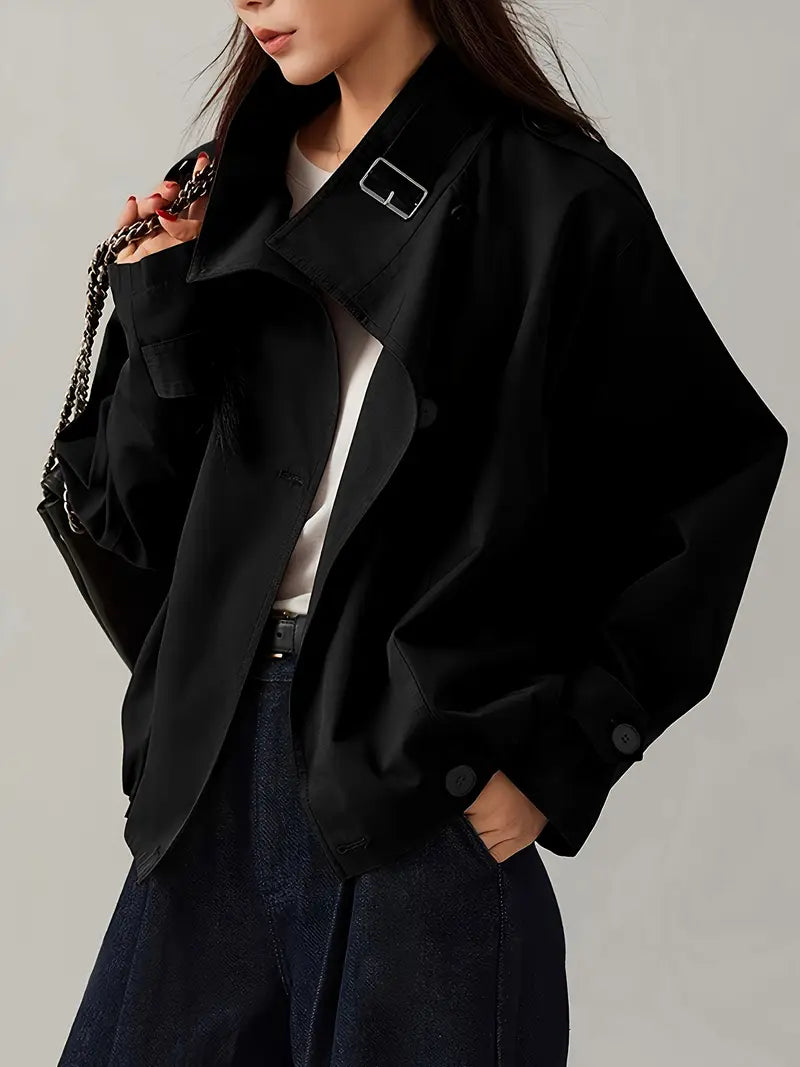 [Elegant Jacket] Elegant Beige Women's Short Jacket | Non-Stretch Fabric, Long Sleeves, Regular Fit, Spring/Fall Style, Casual Outerwear - Minimalist Jacket, Structured Shoulders, Casual Jacket