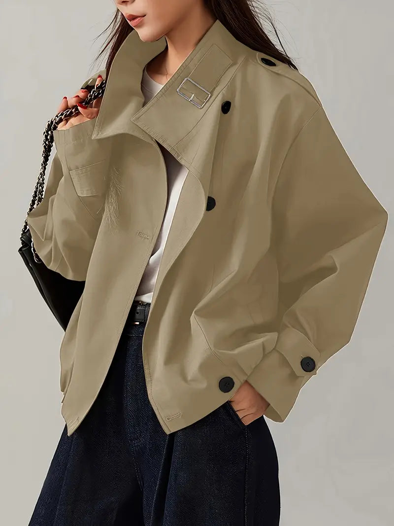 [Elegant Jacket] Elegant Beige Women's Short Jacket | Non-Stretch Fabric, Long Sleeves, Regular Fit, Spring/Fall Style, Casual Outerwear - Minimalist Jacket, Structured Shoulders, Casual Jacket