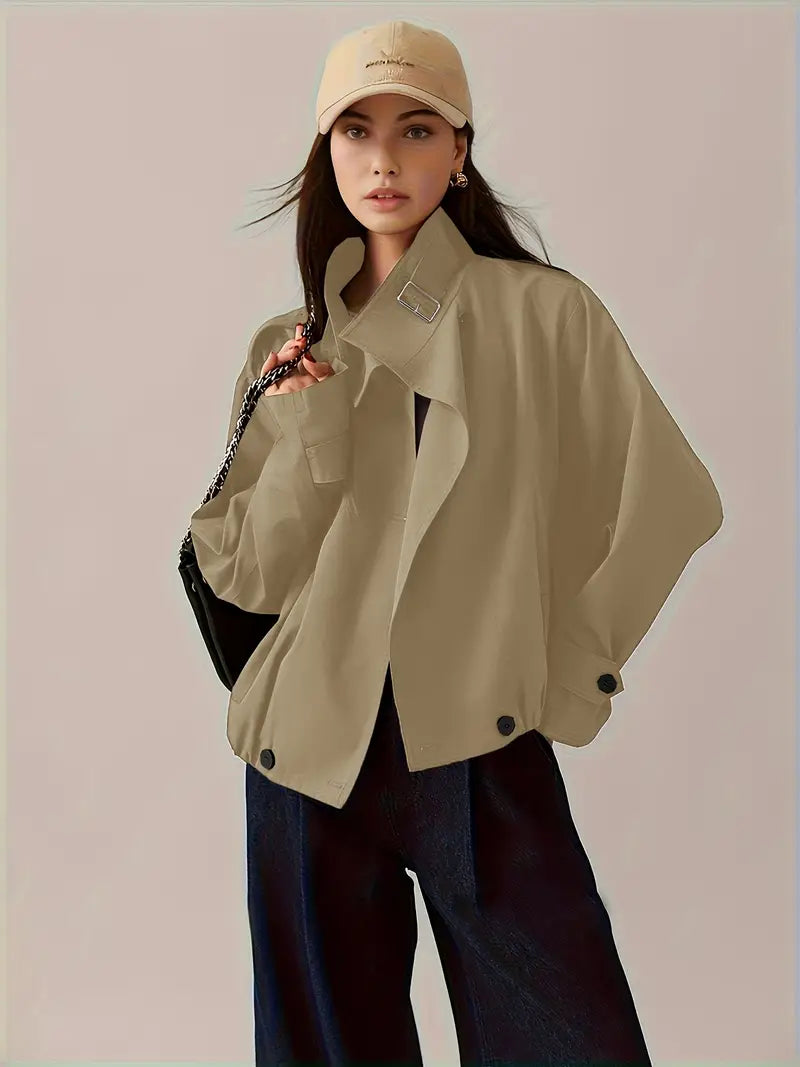 [Elegant Jacket] Elegant Beige Women's Short Jacket | Non-Stretch Fabric, Long Sleeves, Regular Fit, Spring/Fall Style, Casual Outerwear - Minimalist Jacket, Structured Shoulders, Casual Jacket