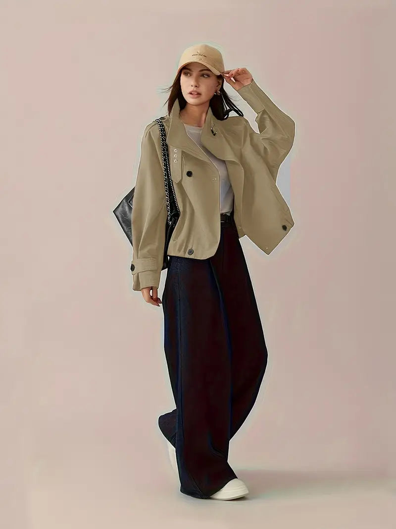 [Elegant Jacket] Elegant Beige Women's Short Jacket | Non-Stretch Fabric, Long Sleeves, Regular Fit, Spring/Fall Style, Casual Outerwear - Minimalist Jacket, Structured Shoulders, Casual Jacket