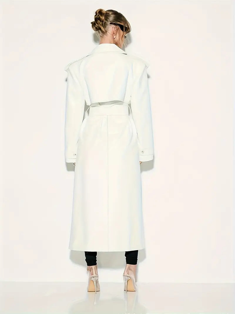 1pc Women'S Elegant Minimalist Double-Breasted Trench Coat - Long Sleeve, Solid Color, Belted Waist, Pockets, Non-Stretch Fabric, Perfect for Fall & Winter, Autumn Winter Outerwear | Belted Waist Coat | Structured Design