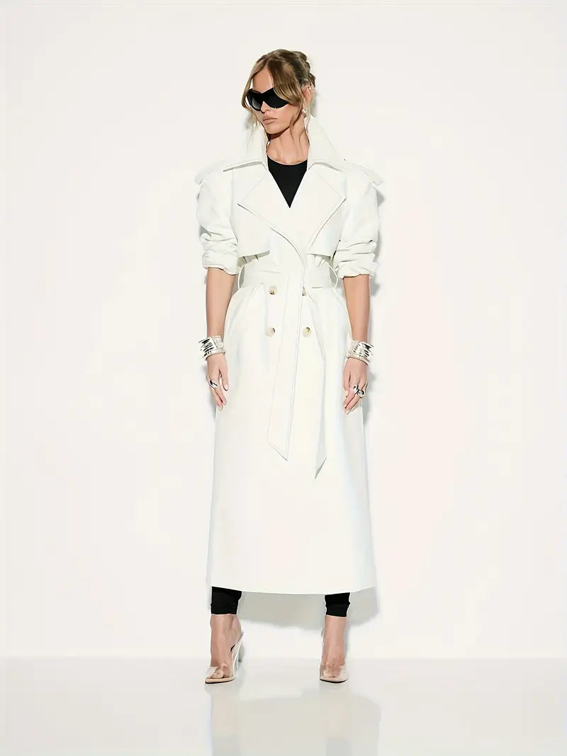 1pc Women'S Elegant Minimalist Double-Breasted Trench Coat - Long Sleeve, Solid Color, Belted Waist, Pockets, Non-Stretch Fabric, Perfect for Fall & Winter, Autumn Winter Outerwear | Belted Waist Coat | Structured Design