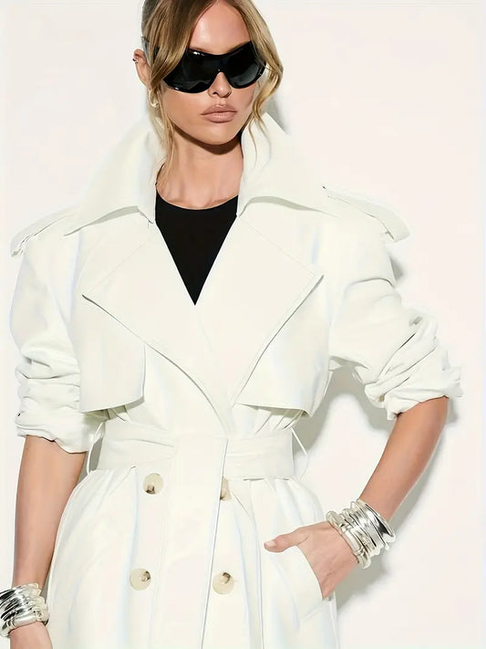 1pc Women'S Elegant Minimalist Double-Breasted Trench Coat - Long Sleeve, Solid Color, Belted Waist, Pockets, Non-Stretch Fabric, Perfect for Fall & Winter, Autumn Winter Outerwear | Belted Waist Coat | Structured Design