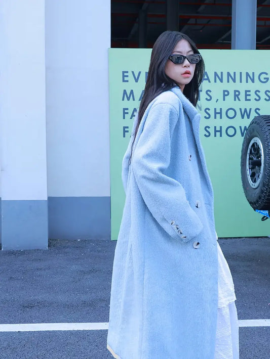 Winter New Tweed High Fashion Blue Coat Clip Thickened Warm Loose Long Suit Collar Jacket Women