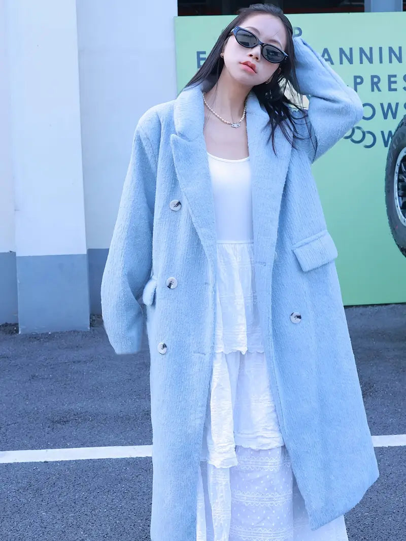 Winter New Tweed High Fashion Blue Coat Clip Thickened Warm Loose Long Suit Collar Jacket Women