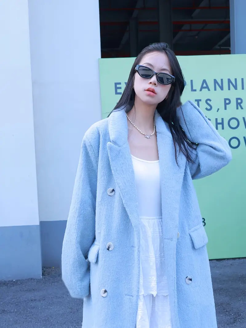 Winter New Tweed High Fashion Blue Coat Clip Thickened Warm Loose Long Suit Collar Jacket Women