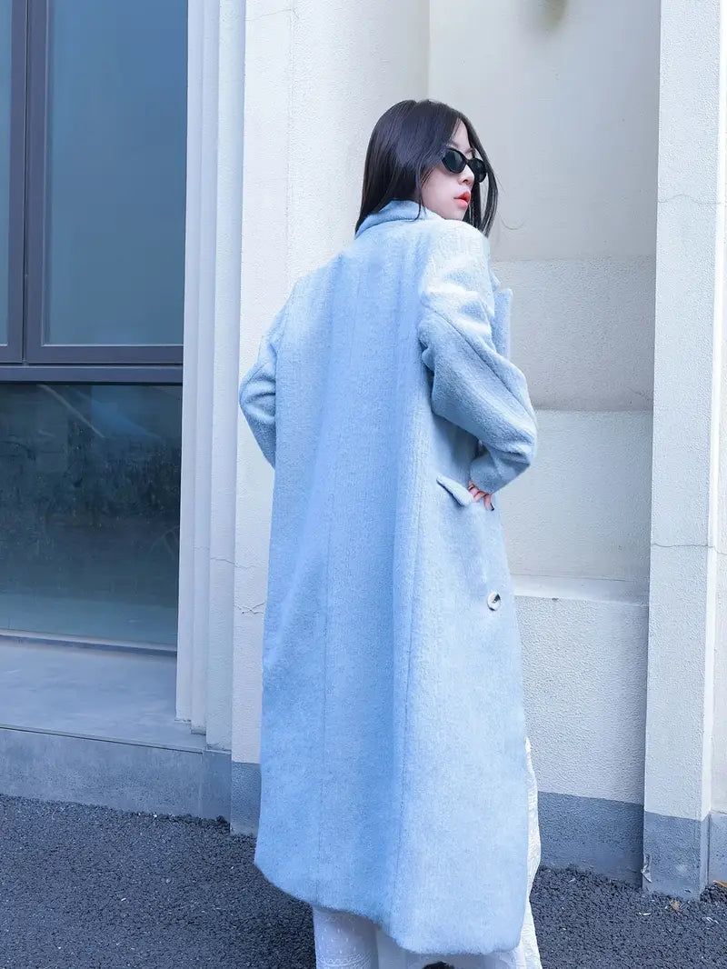 Winter New Tweed High Fashion Blue Coat Clip Thickened Warm Loose Long Suit Collar Jacket Women