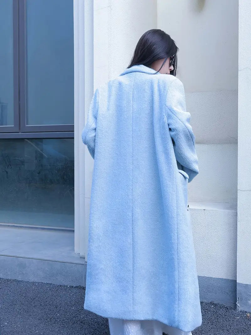 Winter New Tweed High Fashion Blue Coat Clip Thickened Warm Loose Long Suit Collar Jacket Women