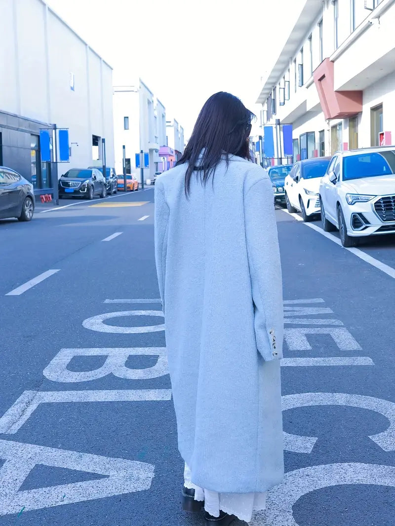 Winter New Tweed High Fashion Blue Coat Clip Thickened Warm Loose Long Suit Collar Jacket Women
