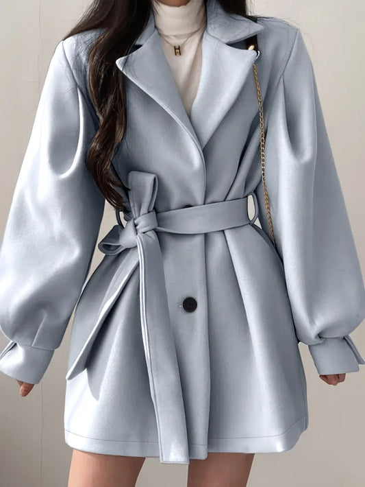 Women's Elegant Lapel Collar Belted Mid-Length Tweed Coat - Light Blue Winter Jacket with Lapel Collar & Tie Belt, Structured Fit for Fall/Winter, Machine Washable Office to Semi-Formal Outerwear
