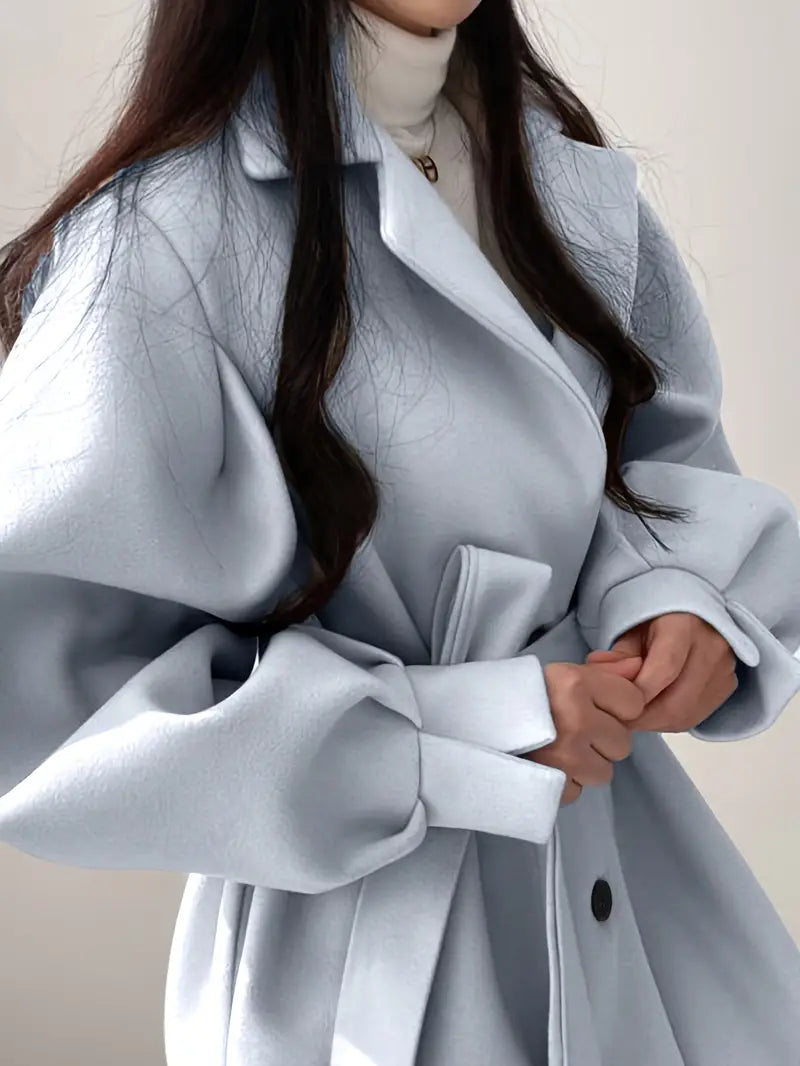Women's Elegant Lapel Collar Belted Mid-Length Tweed Coat - Light Blue Winter Jacket with Lapel Collar & Tie Belt, Structured Fit for Fall/Winter, Machine Washable Office to Semi-Formal Outerwear