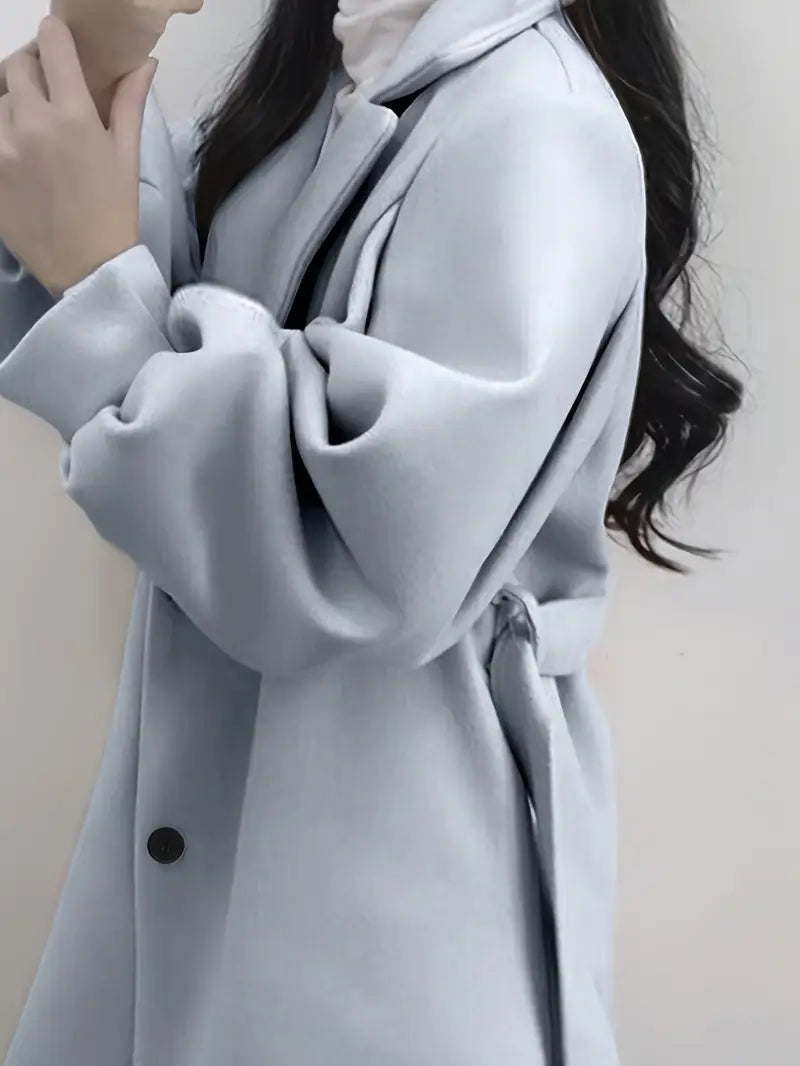 Women's Elegant Lapel Collar Belted Mid-Length Tweed Coat - Light Blue Winter Jacket with Lapel Collar & Tie Belt, Structured Fit for Fall/Winter, Machine Washable Office to Semi-Formal Outerwear