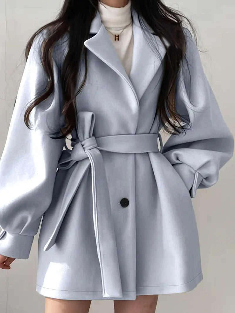 Women's Elegant Lapel Collar Belted Mid-Length Tweed Coat - Light Blue Winter Jacket with Lapel Collar & Tie Belt, Structured Fit for Fall/Winter, Machine Washable Office to Semi-Formal Outerwear