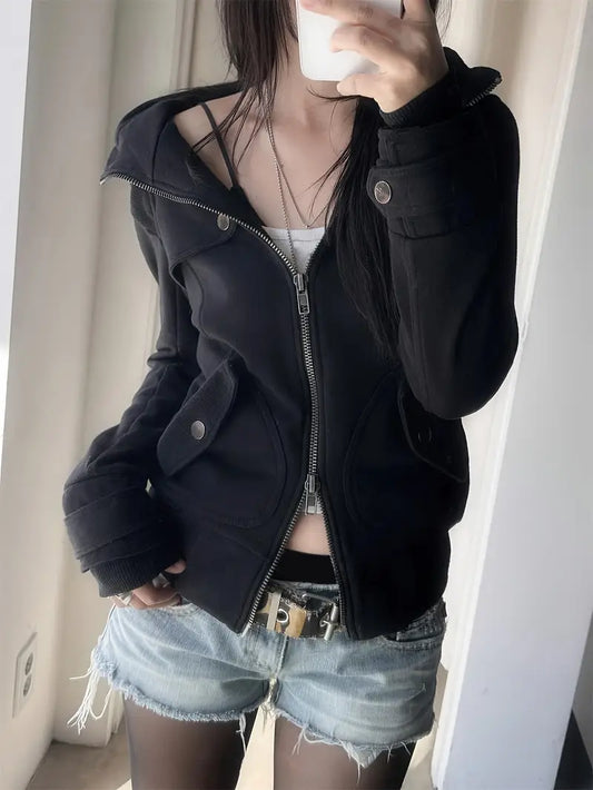 1pc Y2K Style Women'S Quilted Lightweight Jacket, Knitted Polyester Fiber, Solid Color, with Pockets, Dual Zip Front, Stand Collar, Button Detail, for Autumn/Winter Outerwear