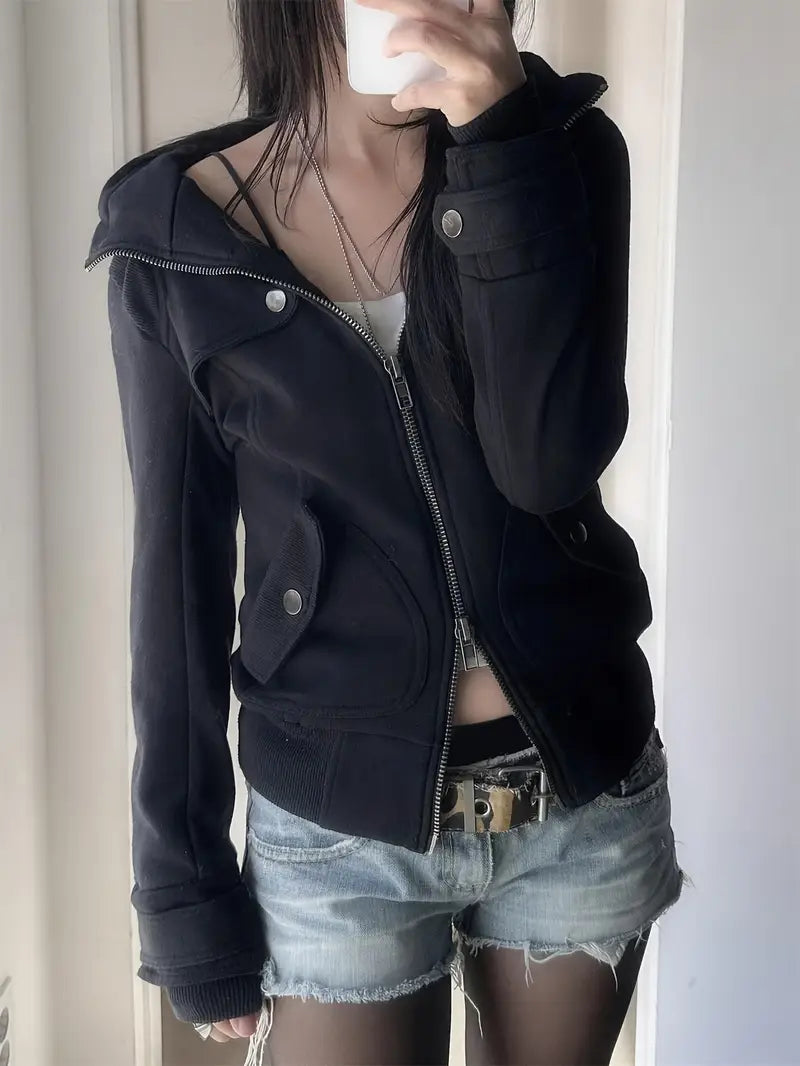 1pc Y2K Style Women'S Quilted Lightweight Jacket, Knitted Polyester Fiber, Solid Color, with Pockets, Dual Zip Front, Stand Collar, Button Detail, for Autumn/Winter Outerwear