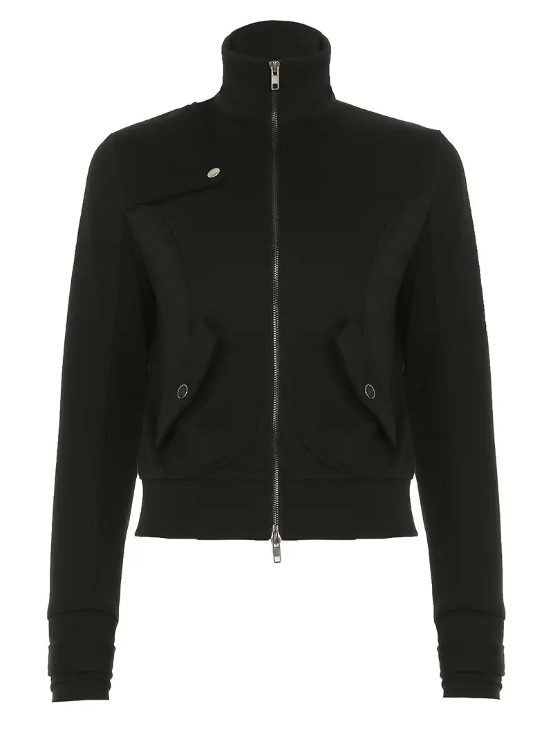1pc Y2K Style Women'S Quilted Lightweight Jacket, Knitted Polyester Fiber, Solid Color, with Pockets, Dual Zip Front, Stand Collar, Button Detail, for Autumn/Winter Outerwear