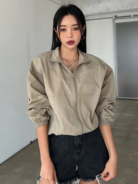 Women's Fashion Casual Jacket Polyester 100% Solid Color Zip-Up Lapel Collar Asian Style Lightweight Outerwear for All Seasons - Woven Fabric