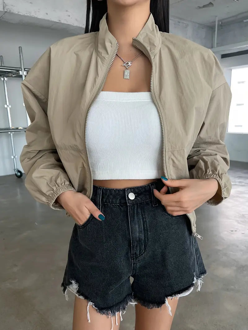 Women's Fashion Casual Jacket Polyester 100% Solid Color Zip-Up Lapel Collar Asian Style Lightweight Outerwear for All Seasons - Woven Fabric