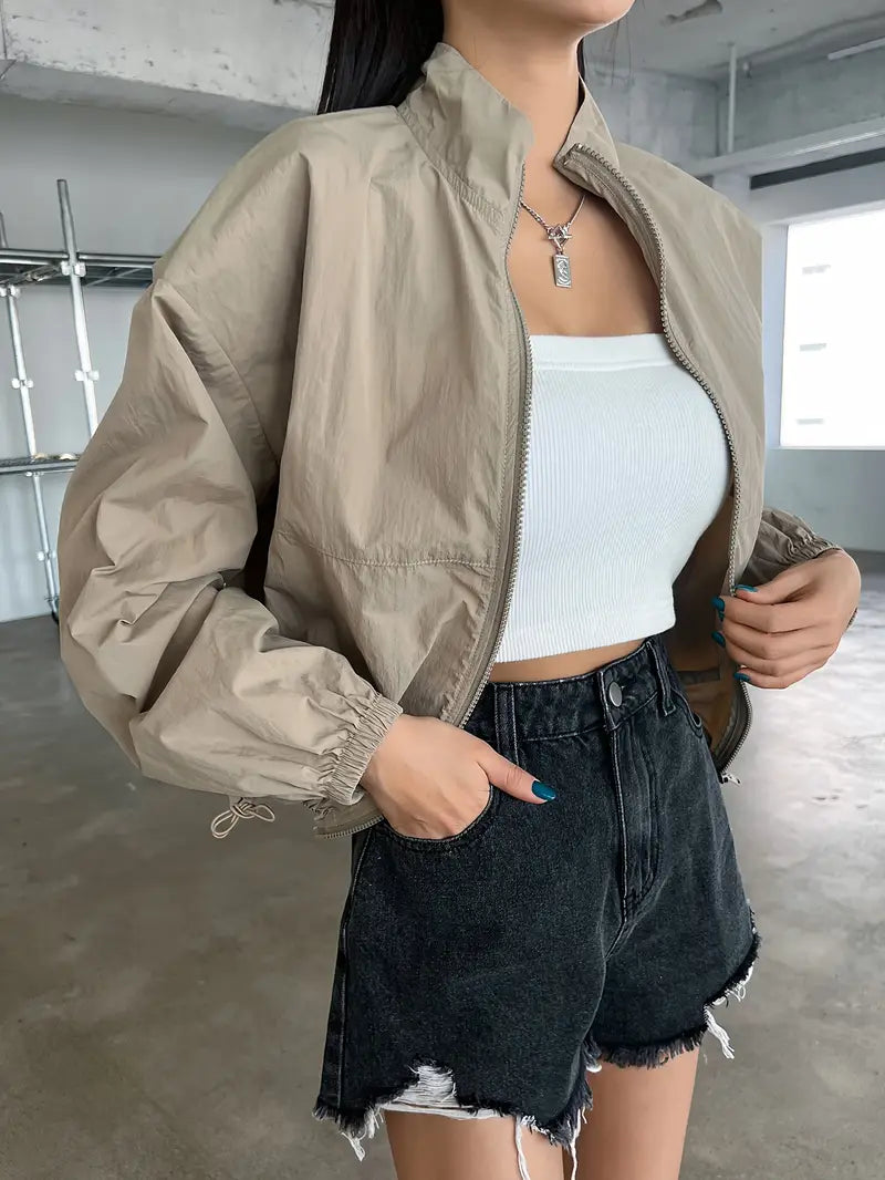 Women's Fashion Casual Jacket Polyester 100% Solid Color Zip-Up Lapel Collar Asian Style Lightweight Outerwear for All Seasons - Woven Fabric
