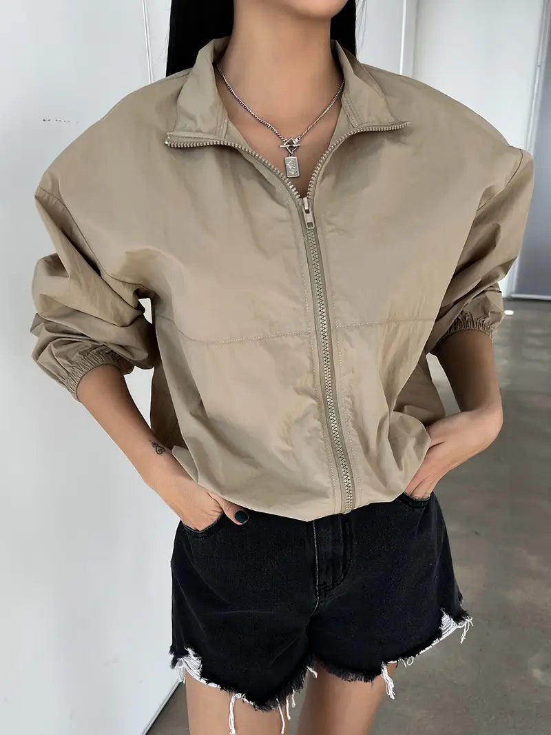 Women's Fashion Casual Jacket Polyester 100% Solid Color Zip-Up Lapel Collar Asian Style Lightweight Outerwear for All Seasons - Woven Fabric