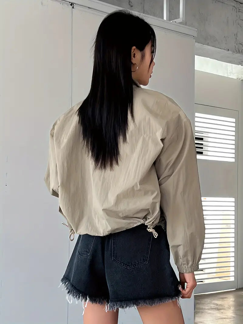 Women's Fashion Casual Jacket Polyester 100% Solid Color Zip-Up Lapel Collar Asian Style Lightweight Outerwear for All Seasons - Woven Fabric