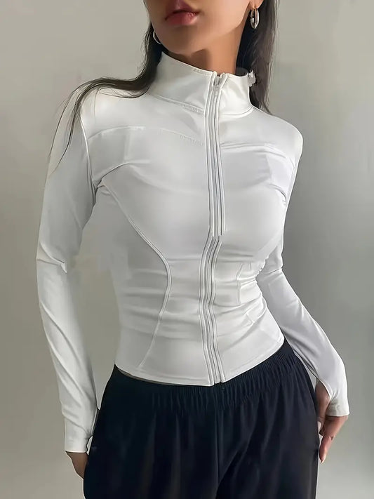 Women's Quick-Dry Long Sleeve Zip-Up s Jacket - High Elasticity Breathable and Top with Front Pocket, Slim Fit All-Season Wear for, Outdoor, Fashionable Design, Durable Fabric