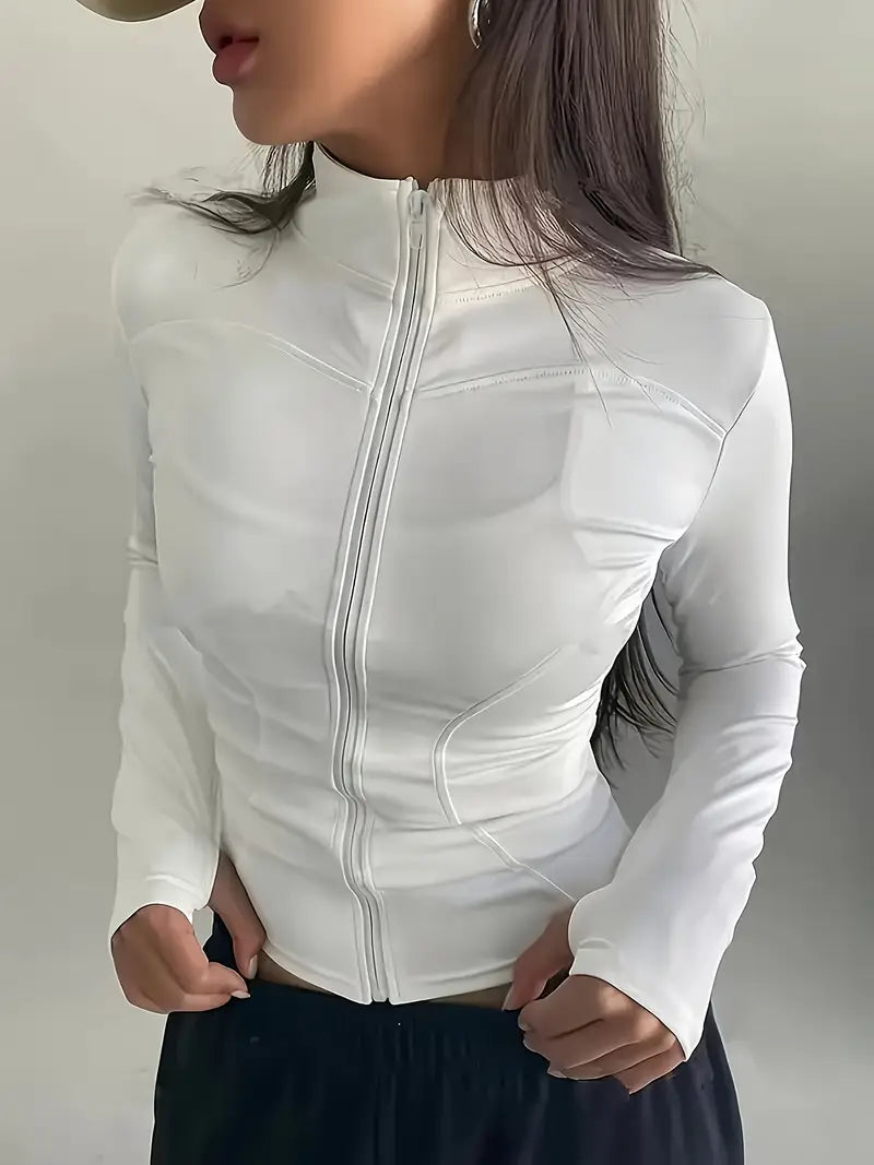 Women's Quick-Dry Long Sleeve Zip-Up s Jacket - High Elasticity Breathable and Top with Front Pocket, Slim Fit All-Season Wear for, Outdoor, Fashionable Design, Durable Fabric