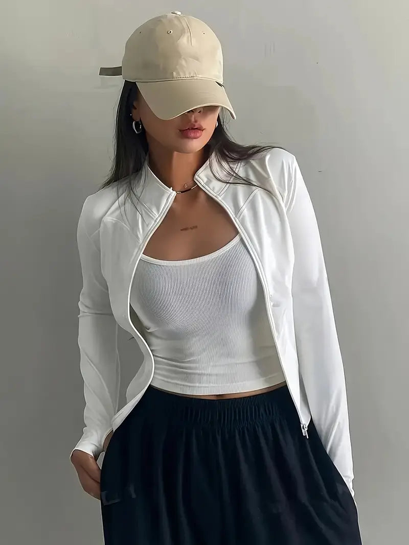 Women's Quick-Dry Long Sleeve Zip-Up s Jacket - High Elasticity Breathable and Top with Front Pocket, Slim Fit All-Season Wear for, Outdoor, Fashionable Design, Durable Fabric