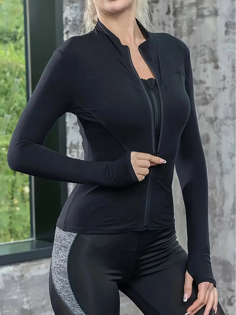 Women's Quick-Dry Long Sleeve Zip-Up s Jacket - High Elasticity Breathable and Top with Front Pocket, Slim Fit All-Season Wear for, Outdoor, Fashionable Design, Durable Fabric