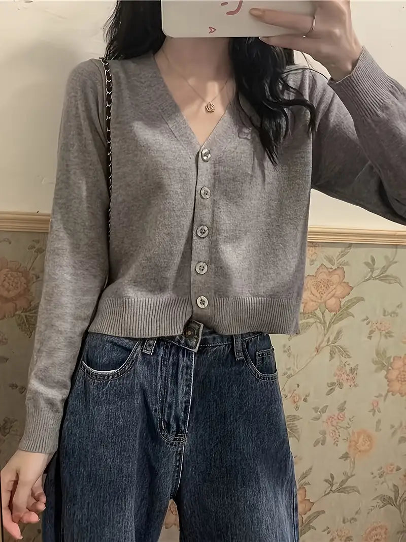 [Stylish Cardigan] Stylish Gray Women's V-Neck Cardigan | Thin Knit Short Jacket for Spring & Fall, Perfect for Casual Attire - Casual Attire Jacket|Vneck Cardigan|Stretchy Fabric
