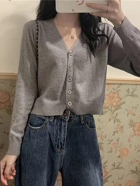 [Stylish Cardigan] Stylish Gray Women's V-Neck Cardigan | Thin Knit Short Jacket for Spring & Fall, Perfect for Casual Attire - Casual Attire Jacket|Vneck Cardigan|Stretchy Fabric
