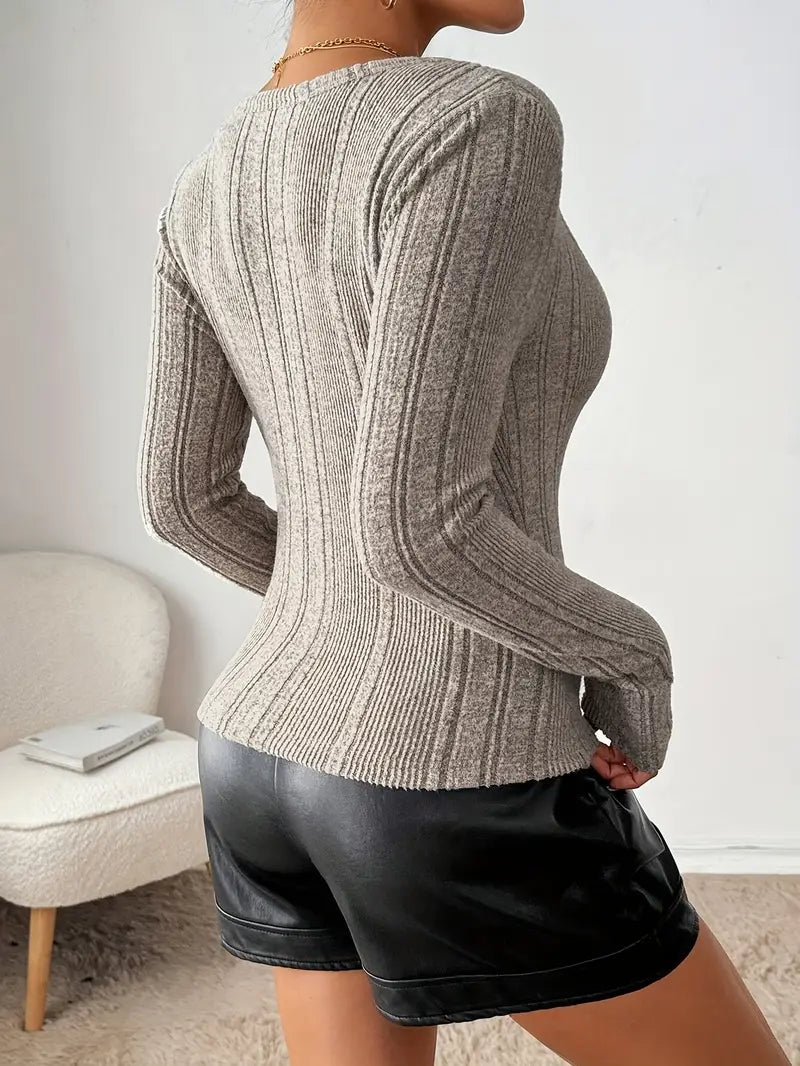 Women's Elegant Casual Long Sleeve Top - Ribbed Solid Color Regular Fit Machine Washable Spring/Fall Versatile Blouse