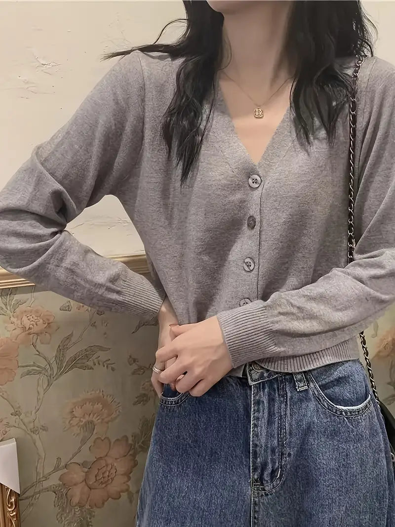 [Stylish Cardigan] Stylish Gray Women's V-Neck Cardigan | Thin Knit Short Jacket for Spring & Fall, Perfect for Casual Attire - Casual Attire Jacket|Vneck Cardigan|Stretchy Fabric