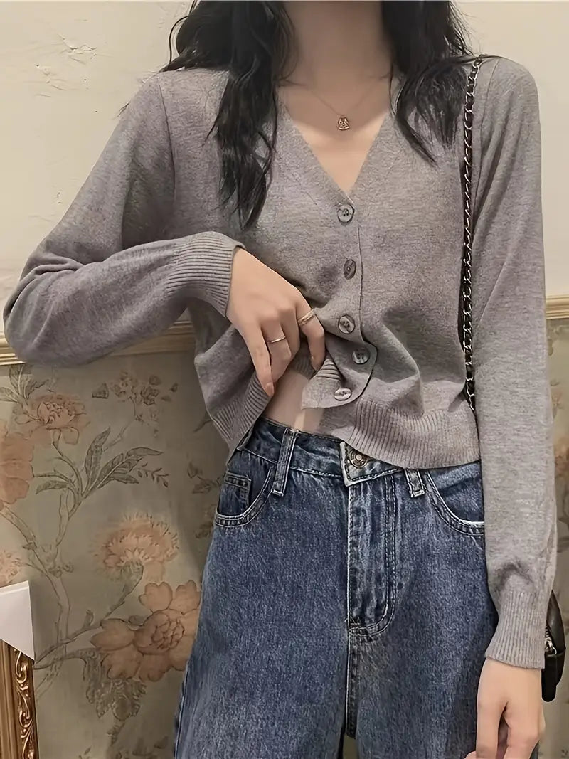 [Stylish Cardigan] Stylish Gray Women's V-Neck Cardigan | Thin Knit Short Jacket for Spring & Fall, Perfect for Casual Attire - Casual Attire Jacket|Vneck Cardigan|Stretchy Fabric
