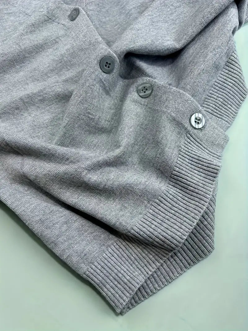 [Stylish Cardigan] Stylish Gray Women's V-Neck Cardigan | Thin Knit Short Jacket for Spring & Fall, Perfect for Casual Attire - Casual Attire Jacket|Vneck Cardigan|Stretchy Fabric