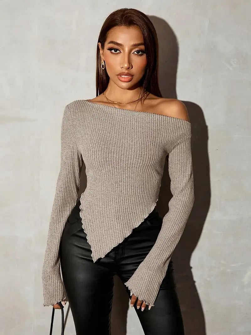 [1pc Asymmetric Knit T-Shirt] 1pc Elegant Asymmetric Ribbed Knit T-Shirt for Women, Long Sleeve Solid Color Polyester Blend Top with Stretch, Regular Length - Versatile for All Seasons