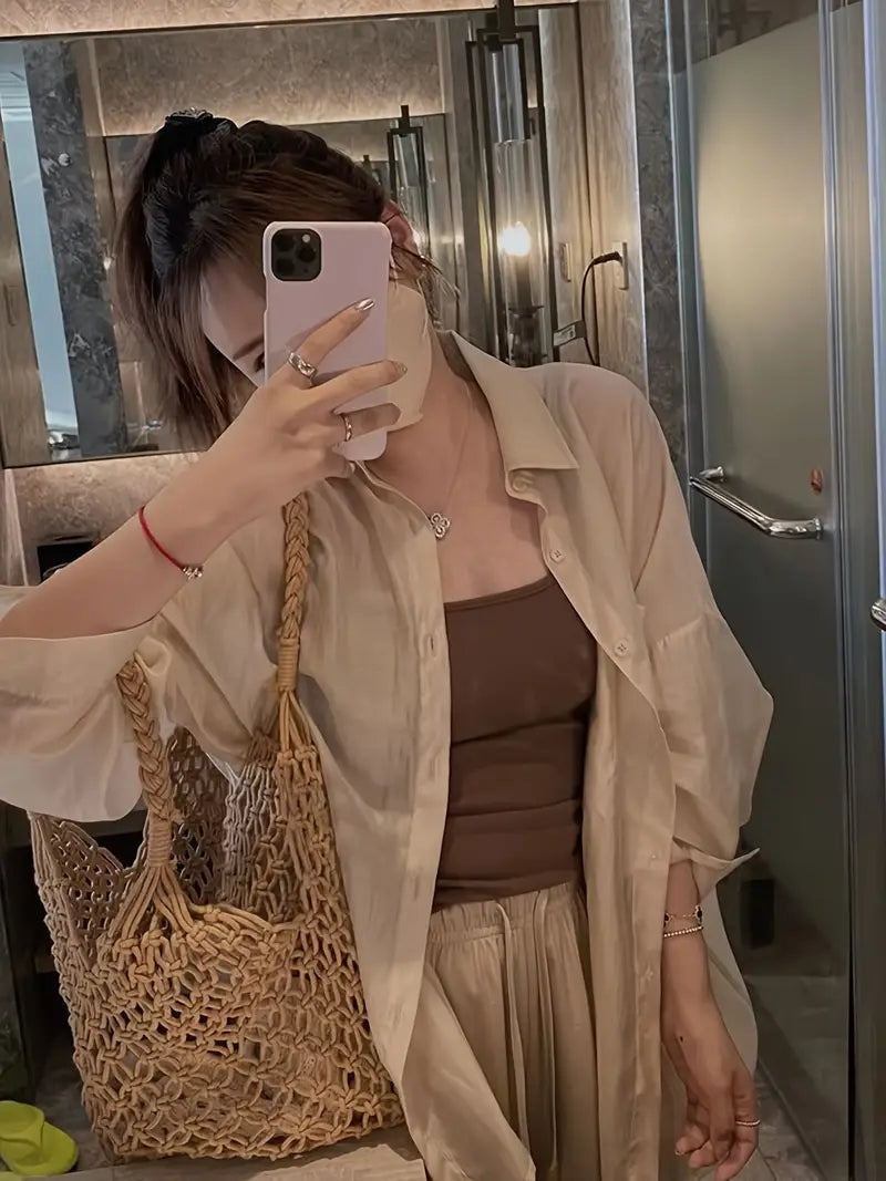 Women'S Lightweight Summer Jacket - Casual Loose Fit, Solid Color, Long Sleeve with Front Pockets, Polyester, Spring/Summer/Fall Wear, Summer Jacket