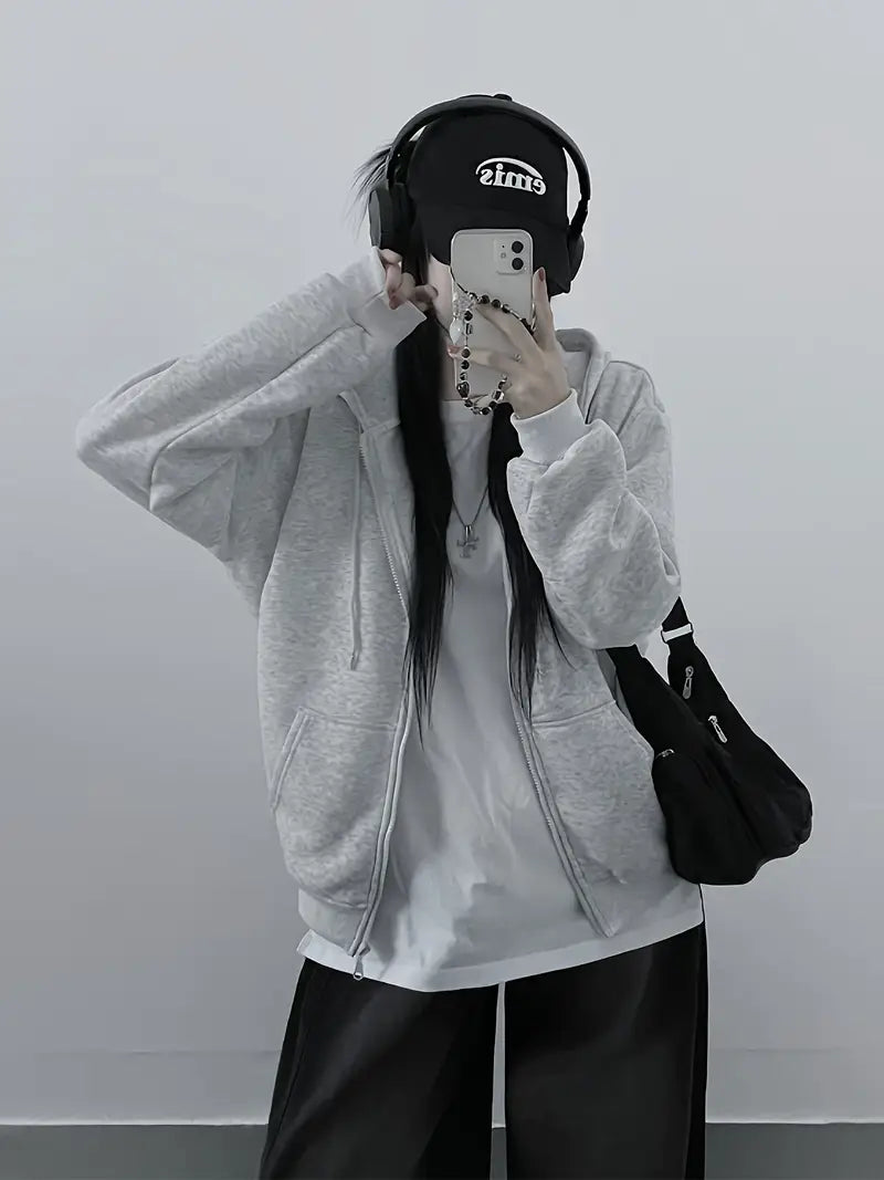 Women'S Lightweight Hooded Zip-Up Jacket - Loose Fit Long Sleeve Casual Outerwear, Front Zipper Closure, Fall/Winter Layering Essential for Everyday & Formal Outfits