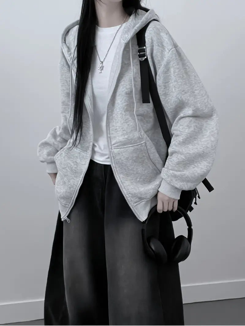 Women'S Lightweight Hooded Zip-Up Jacket - Loose Fit Long Sleeve Casual Outerwear, Front Zipper Closure, Fall/Winter Layering Essential for Everyday & Formal Outfits