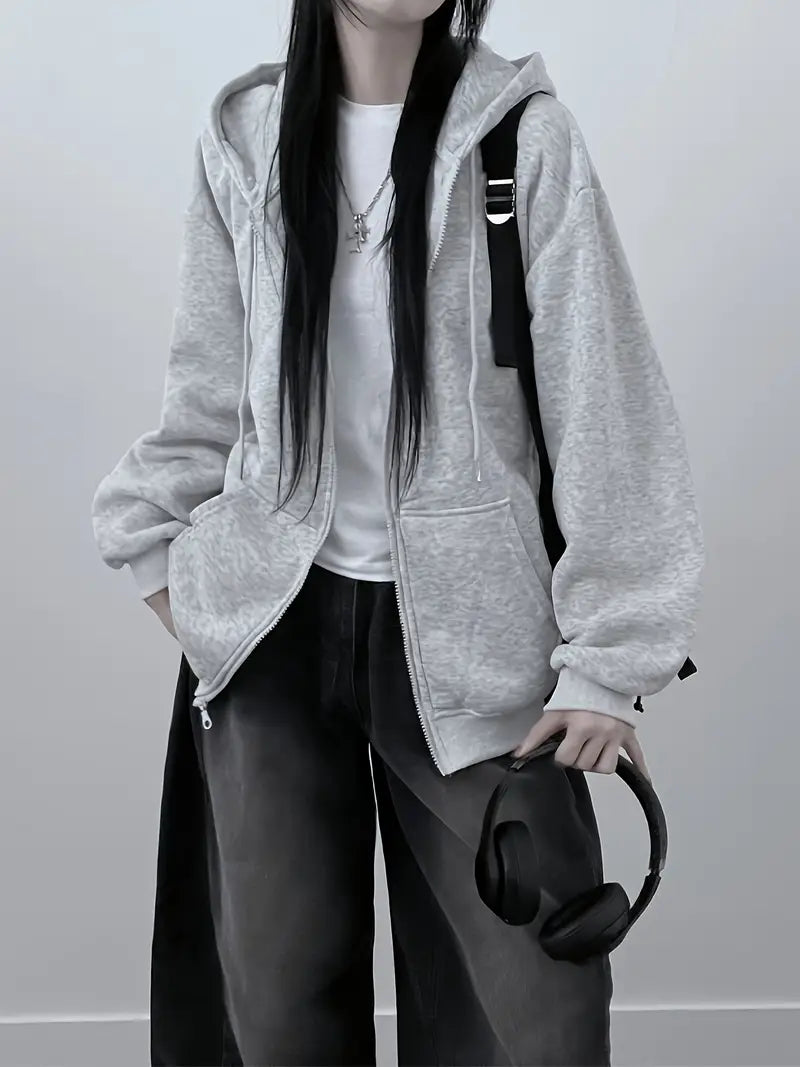 Women'S Lightweight Hooded Zip-Up Jacket - Loose Fit Long Sleeve Casual Outerwear, Front Zipper Closure, Fall/Winter Layering Essential for Everyday & Formal Outfits