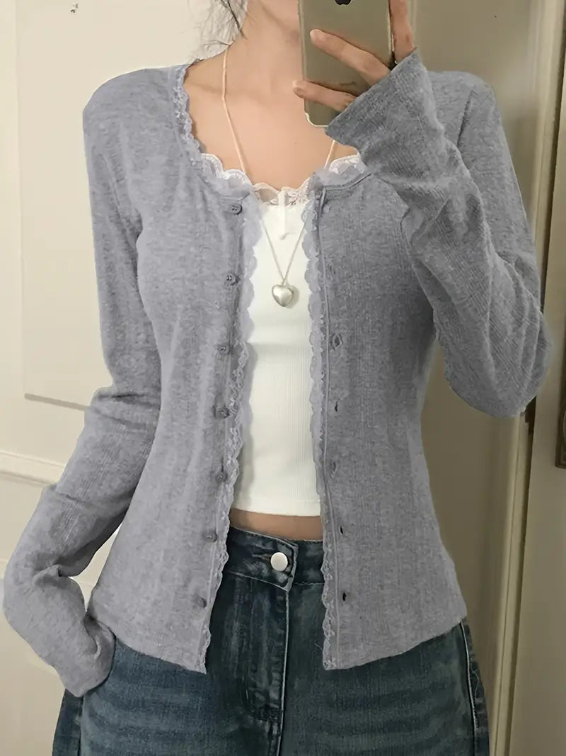Women'S Lightweight Lace Trim Cardigan - Button-Up Long Sleeve Round Neck Jacket, Soft Spring Summer Fall Layering Piece for Casual or Dressy Outfits, Lace Cardigan